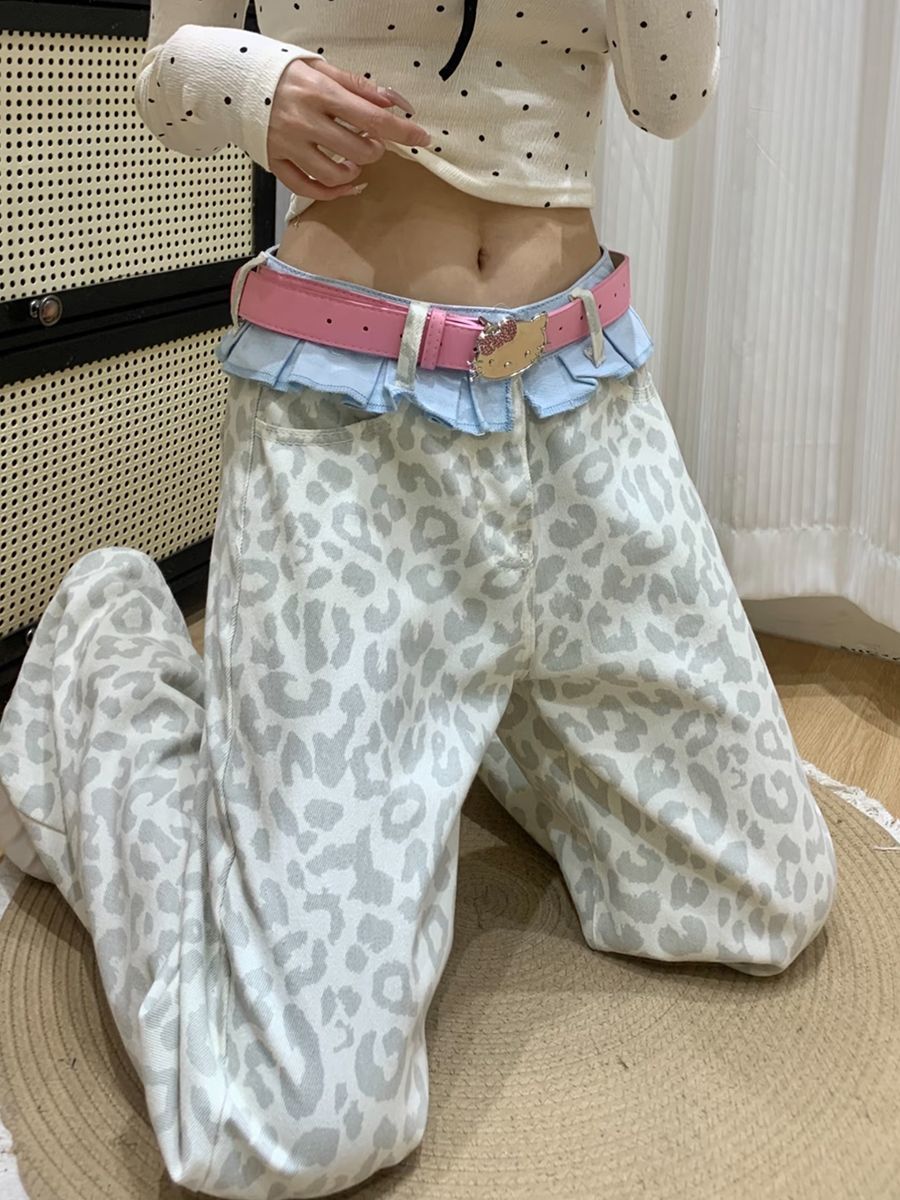 辣妹豹紋拼接個性牛仔褲女2026夏寬松闊腿褲裙擺設計松弛感拖地褲