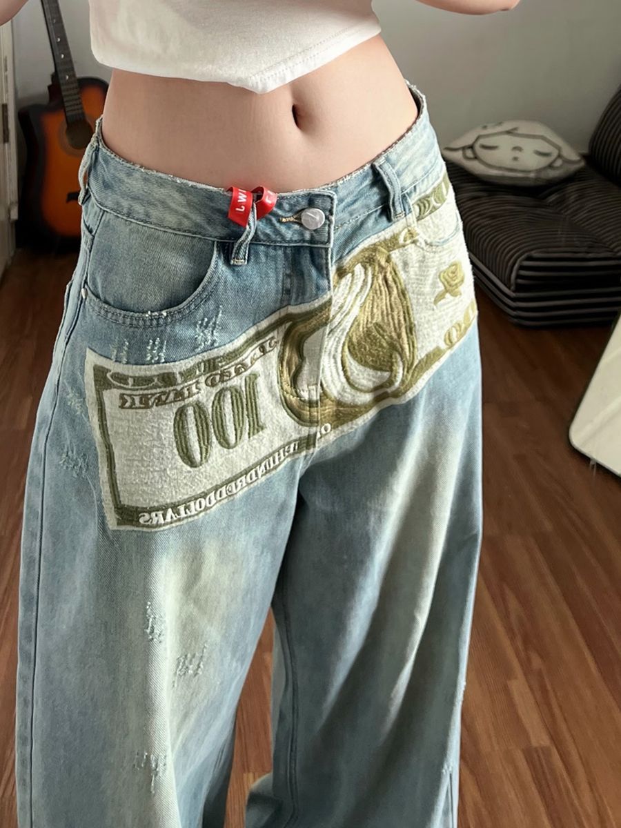美式復古水洗藍色牛仔褲女高腰小眾設計感美元印花高級感闊腿長褲