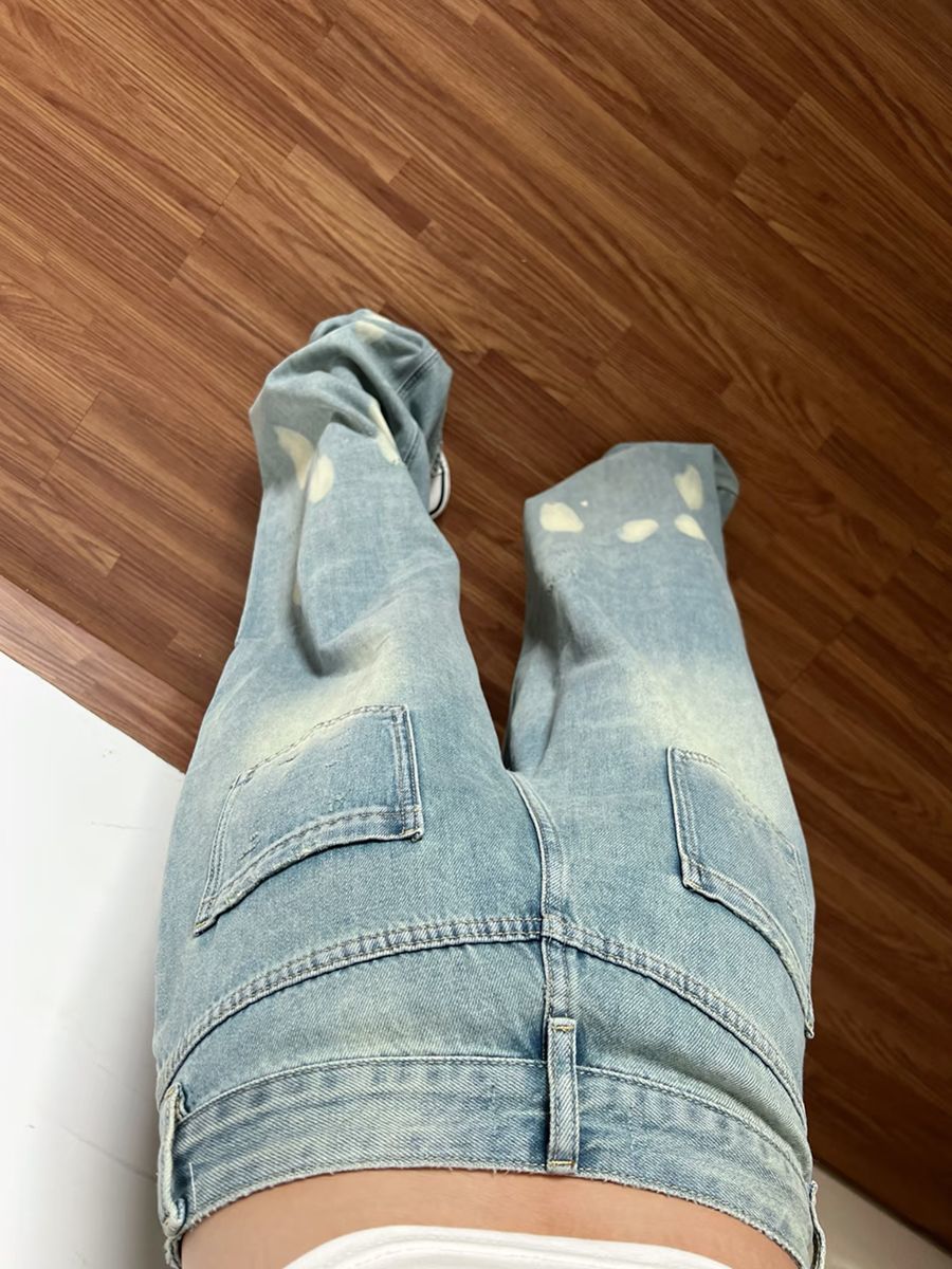 美式復古水洗藍色牛仔褲女高腰小眾設計感美元印花高級感闊腿長褲