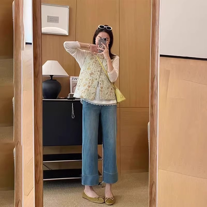 復古藍高腰直筒牛仔褲女2026春秋新款小個子大碼顯瘦九分闊腿褲子
