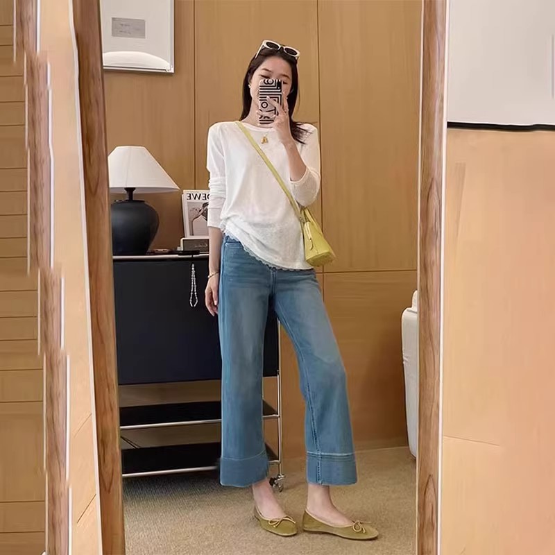 復古藍高腰直筒牛仔褲女2026春秋新款小個子大碼顯瘦九分闊腿褲子