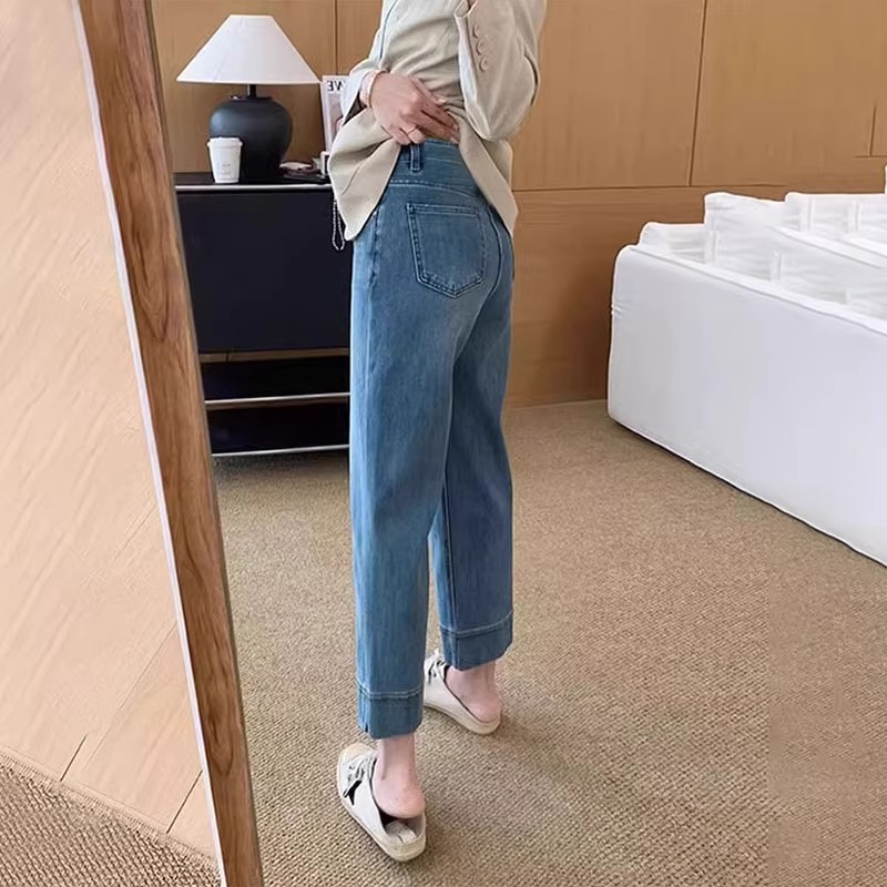 復古藍高腰直筒牛仔褲女2026春秋新款小個子大碼顯瘦九分闊腿褲子