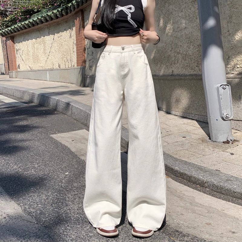 韓系高腰通勤款寬松不貼腿闊腿牛仔褲女2026白色百搭垂感加長褲潮