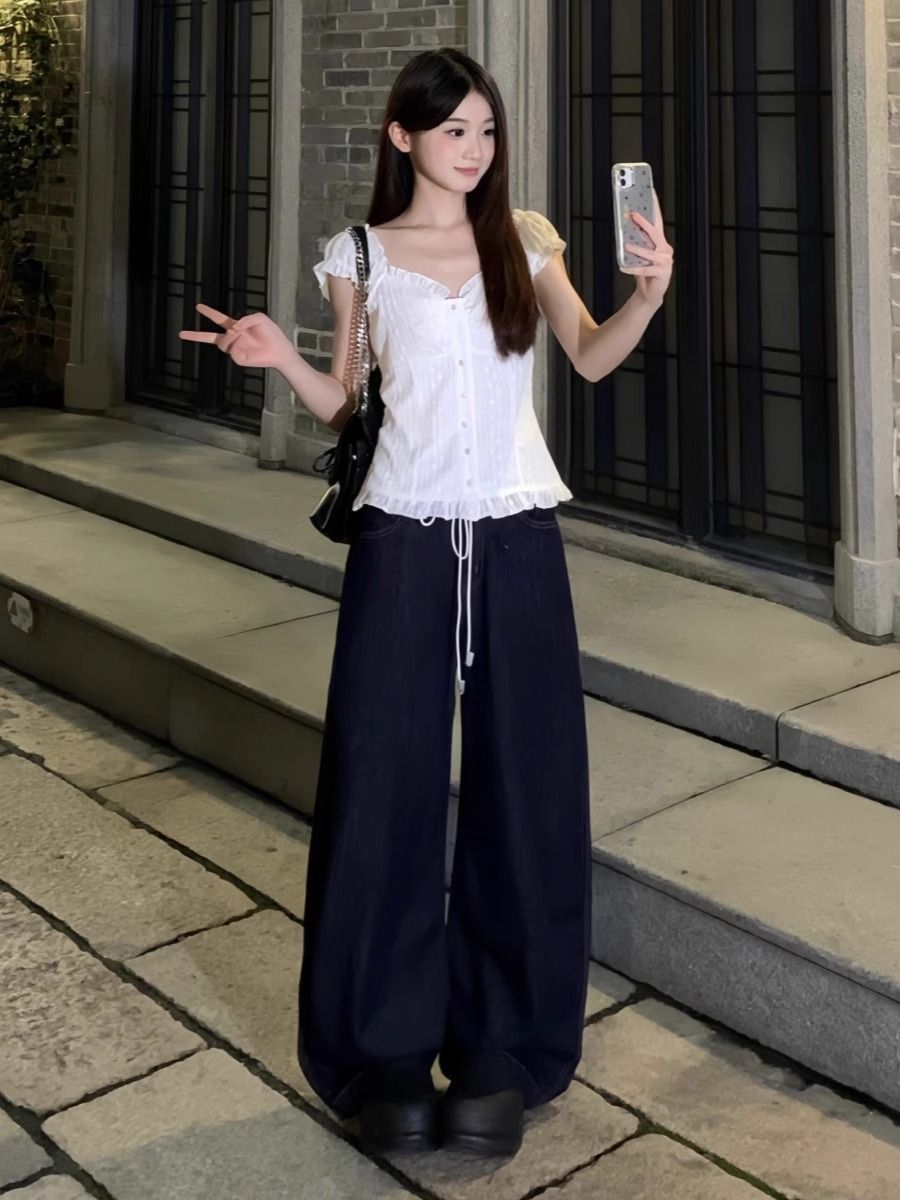 韓國丹寧藍2026夏季新款網紅同款遮肉慵懶風不貼腿直筒牛仔褲女