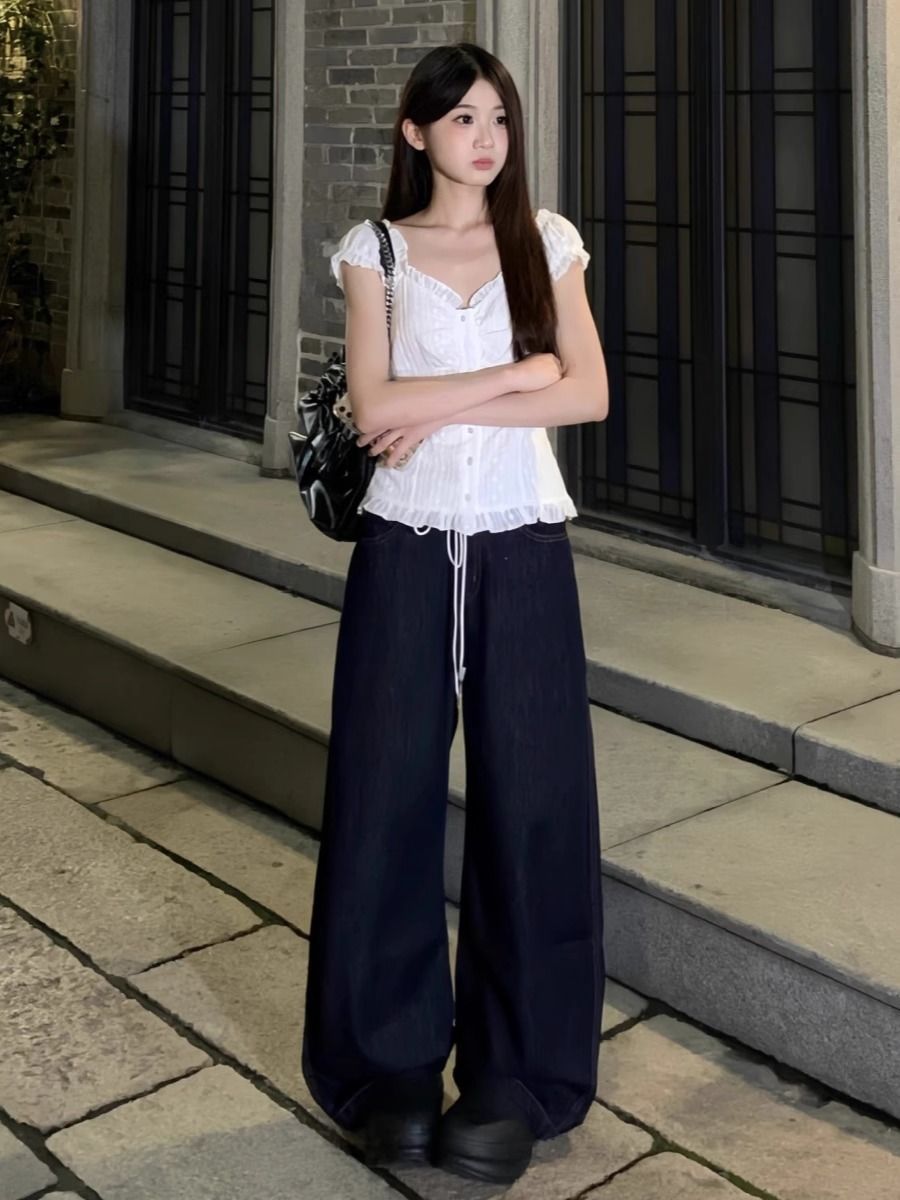 韓國丹寧藍2026夏季新款網紅同款遮肉慵懶風不貼腿直筒牛仔褲女
