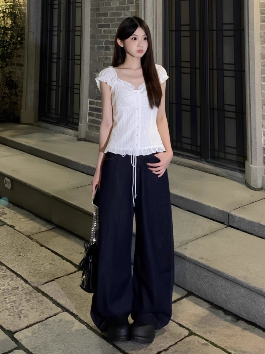韓國丹寧藍2026夏季新款網紅同款遮肉慵懶風不貼腿直筒牛仔褲女