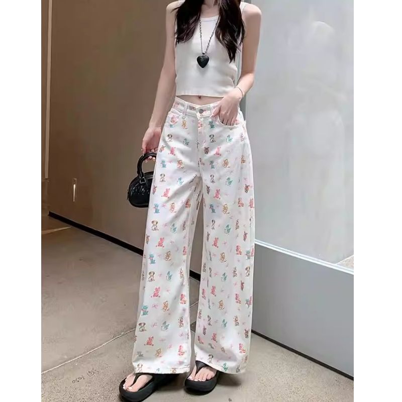 設計感小動物蝴蝶結印花闊腿褲牛仔女夏季2026新款垂感休閑長褲子