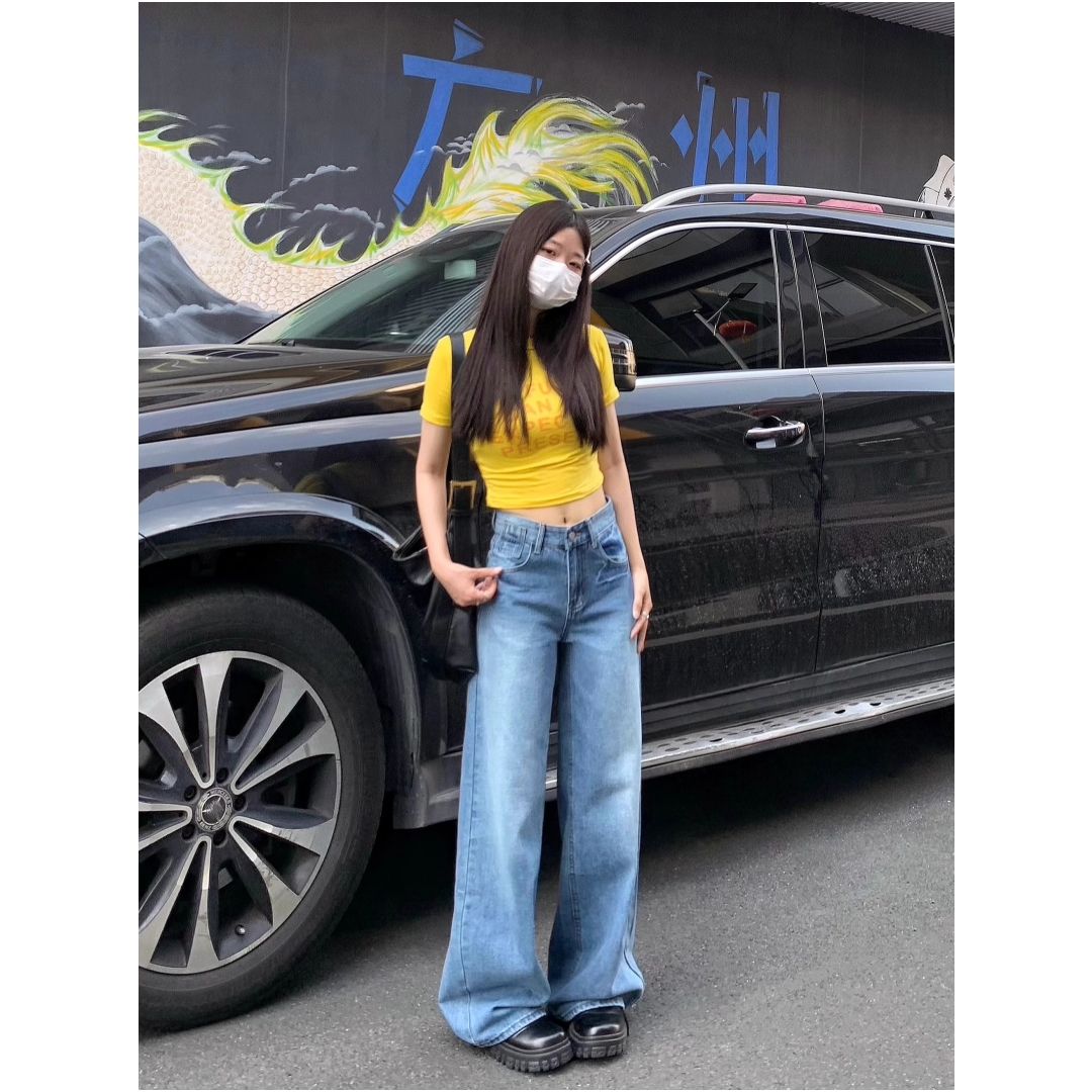 韓國復古低腰牛仔褲女2026年春夏新款復古水洗藍寬松顯瘦闊腿褲子