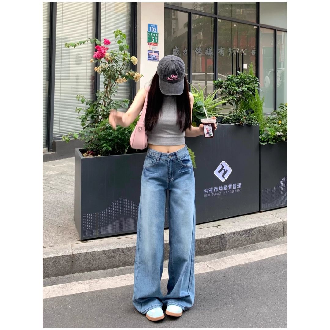 韓國復古低腰牛仔褲女2026年春夏新款復古水洗藍寬松顯瘦闊腿褲子