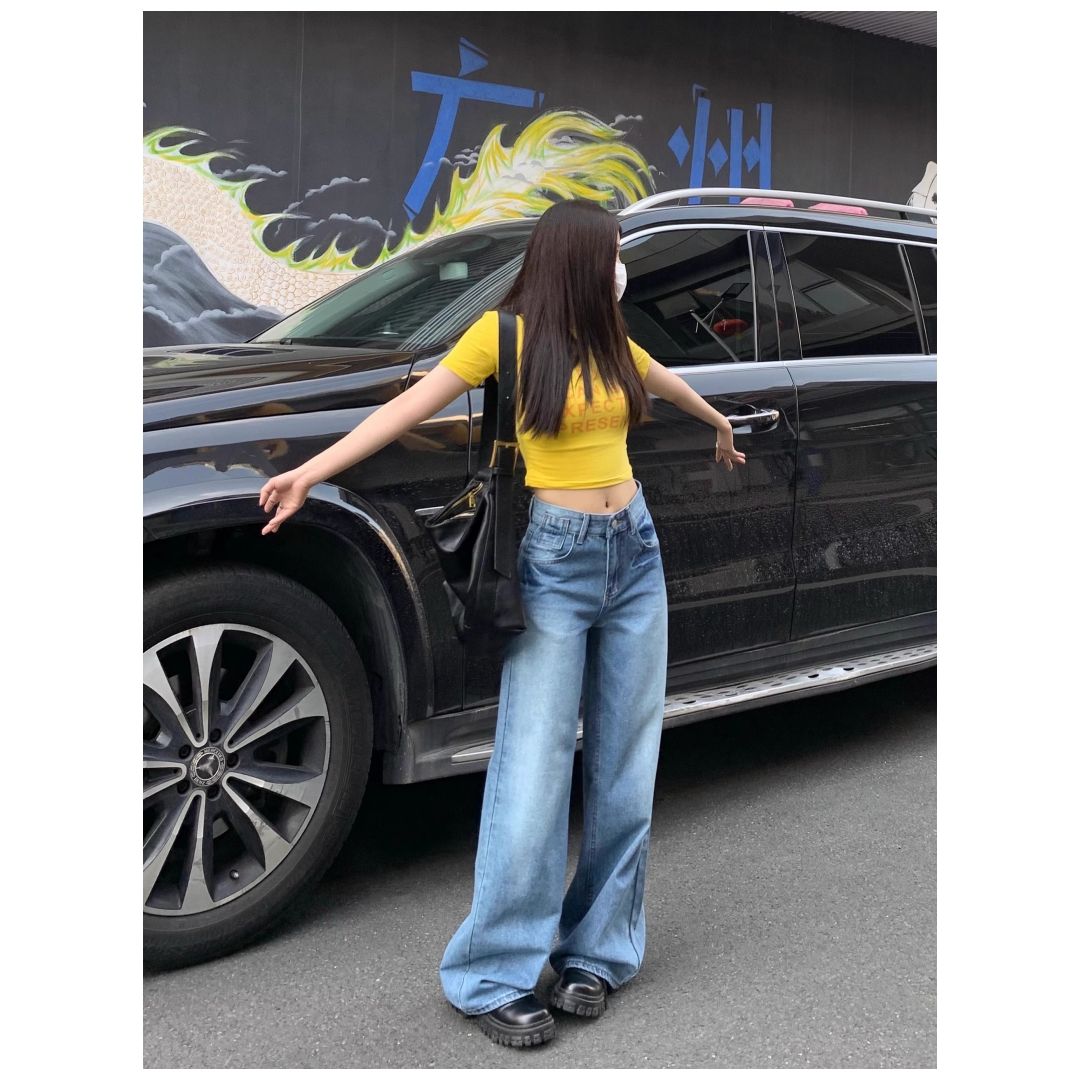 韓國復古低腰牛仔褲女2026年春夏新款復古水洗藍寬松顯瘦闊腿褲子