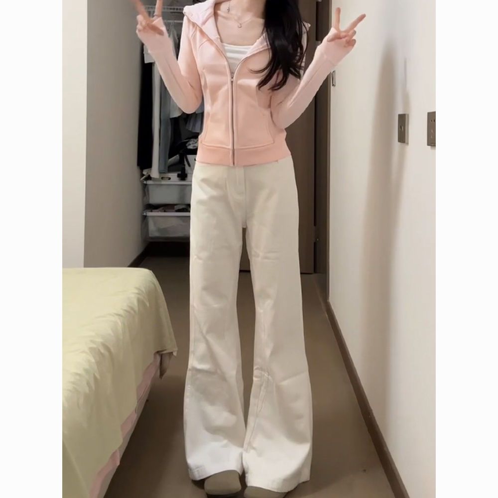 韓版白色微喇牛仔褲女2026春夏新款高腰顯瘦寬松不貼腿闊腿拖地褲