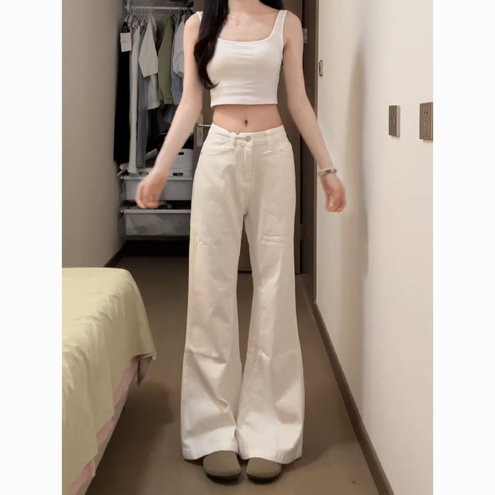 韓版白色微喇牛仔褲女2026春夏新款高腰顯瘦寬松不貼腿闊腿拖地褲