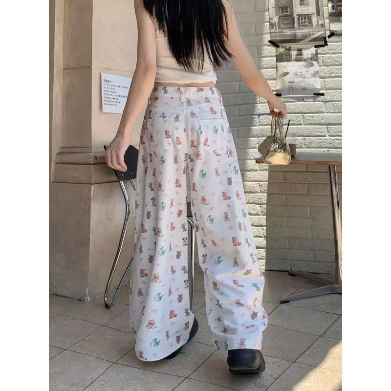 復古高腰滿印小熊蝴蝶結印花牛仔褲春季新款設計感小眾闊腿拖地褲
