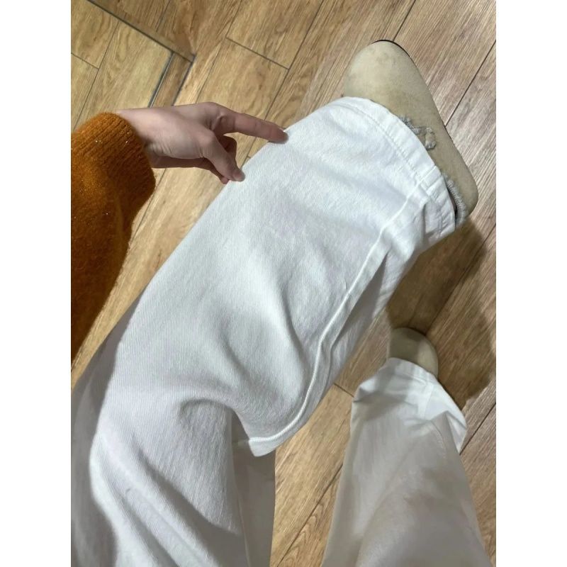 2026年新款高級美式白色工裝高腰牛仔褲女闊腿寬松直筒顯瘦彎刀褲