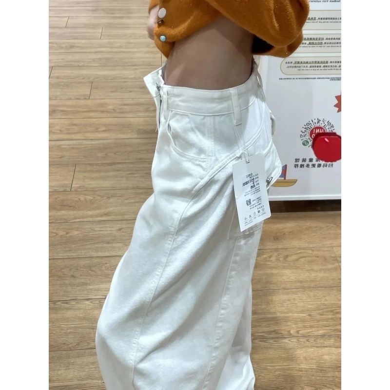 2026年新款高級美式白色工裝高腰牛仔褲女闊腿寬松直筒顯瘦彎刀褲