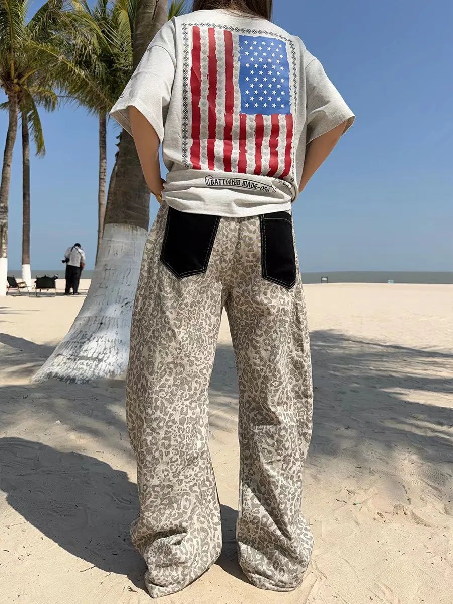 美式復古豹紋拼接牛仔褲春夏新款設計感寬松闊腿褲女款彎刀褲子潮