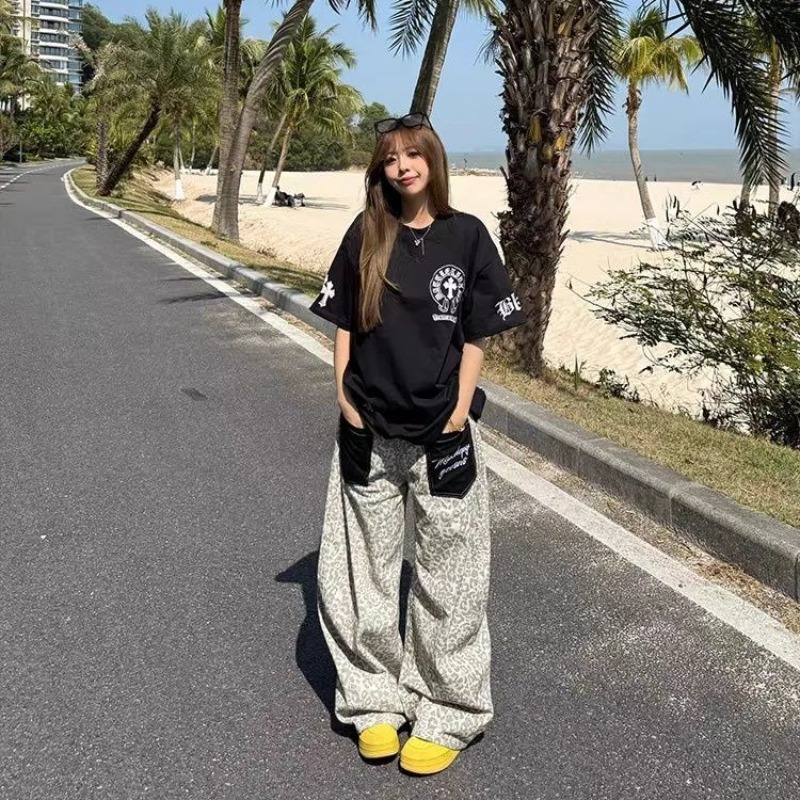 美式復古豹紋拼接牛仔褲春夏新款設計感寬松闊腿褲女款彎刀褲子潮