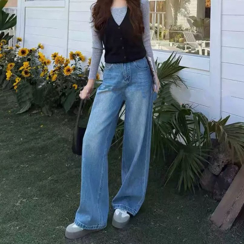 復古闊腿牛仔褲女2026新款百搭休閑高腰顯瘦刺繡直筒褲寬松彎刀褲