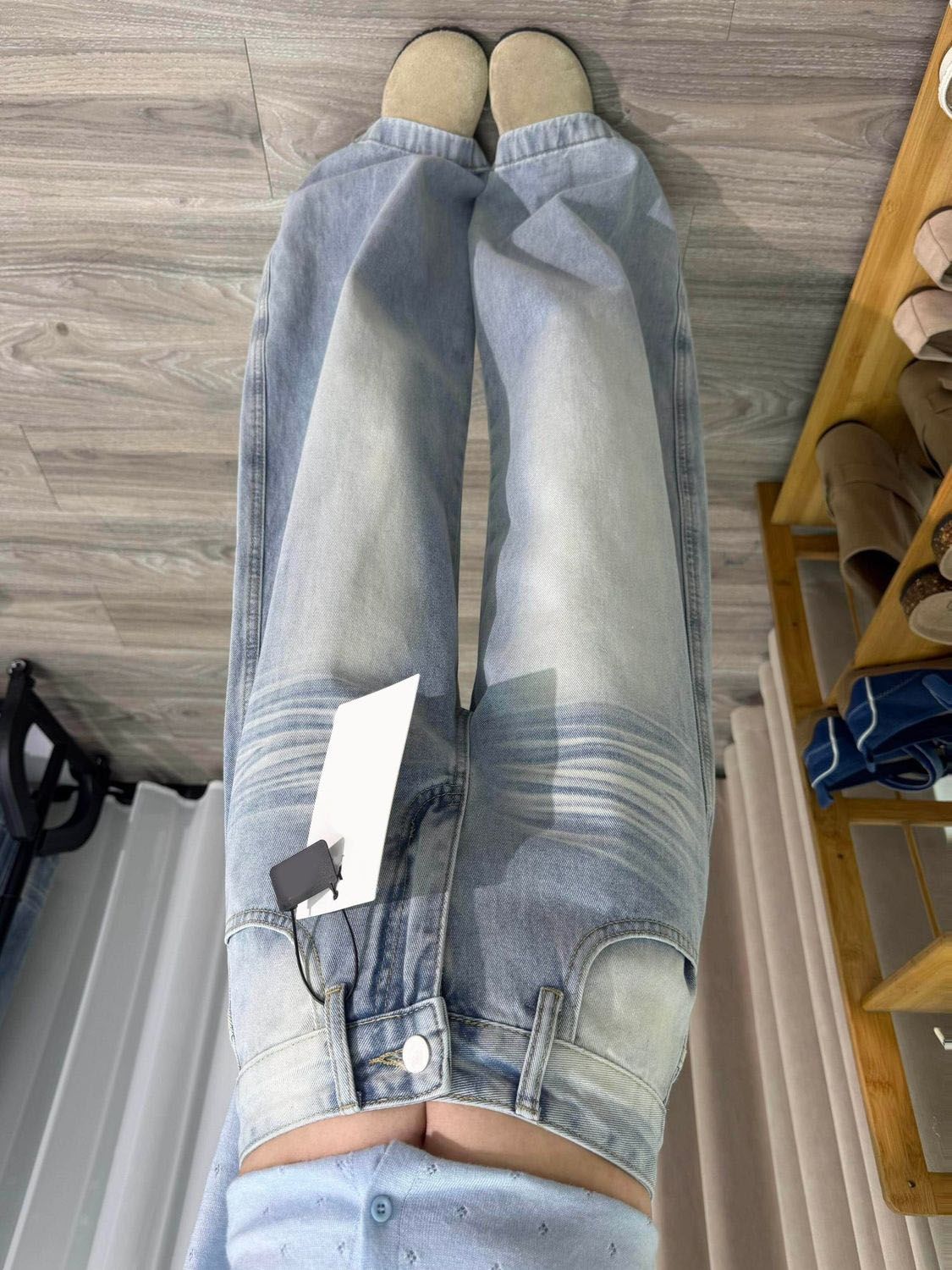 美式淺藍口袋刺繡彎刀牛仔褲女2026春夏款寬松顯瘦垂感闊腿拖地褲