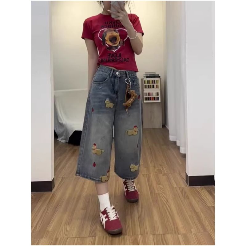 復古趣味小狗刺繡七分牛仔褲女夏季新款梧桐直筒闊腿短中褲潮
