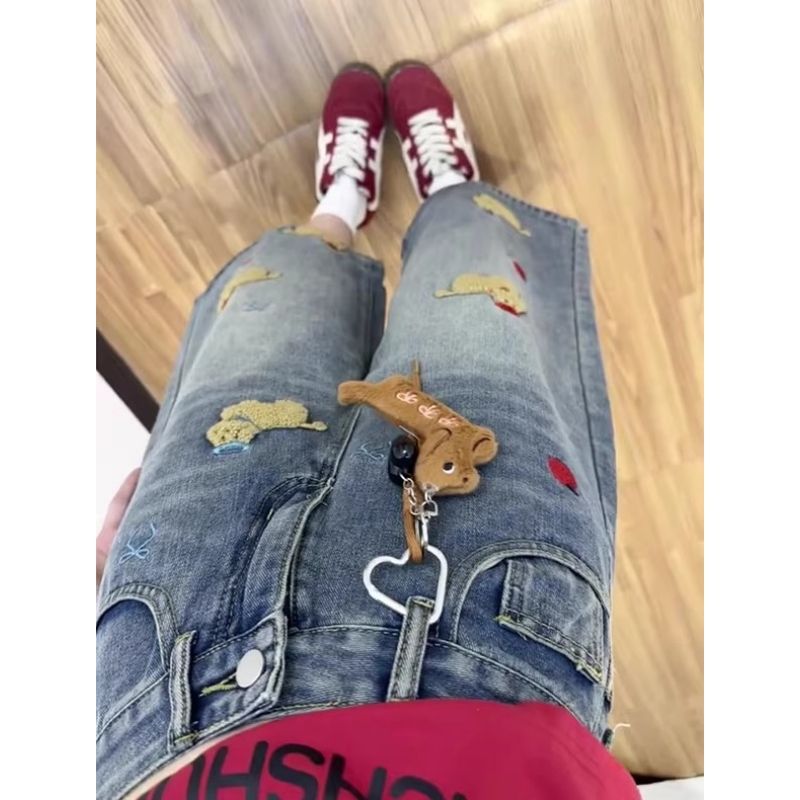 復古趣味小狗刺繡七分牛仔褲女夏季新款梧桐直筒闊腿短中褲潮