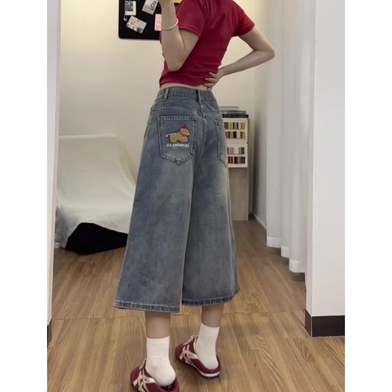 復古趣味小狗刺繡七分牛仔褲女夏季新款梧桐直筒闊腿短中褲潮
