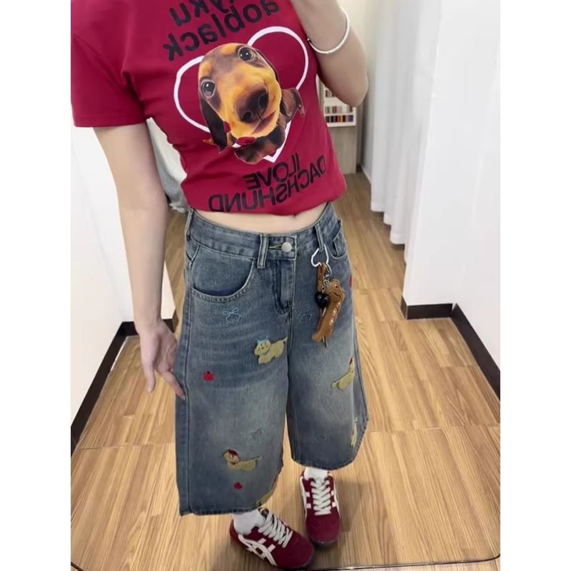 復古趣味小狗刺繡七分牛仔褲女夏季新款梧桐直筒闊腿短中褲潮