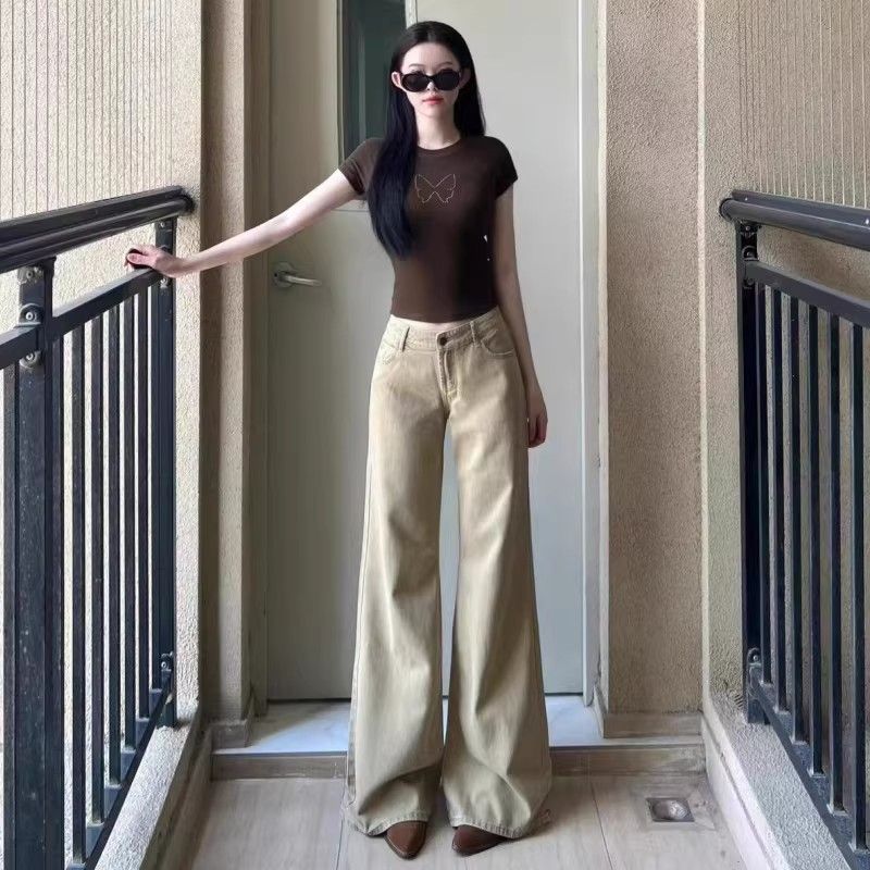 高個子加長卡其色低腰微喇牛仔褲女2026夏季顯瘦不貼腿喇叭拖地褲