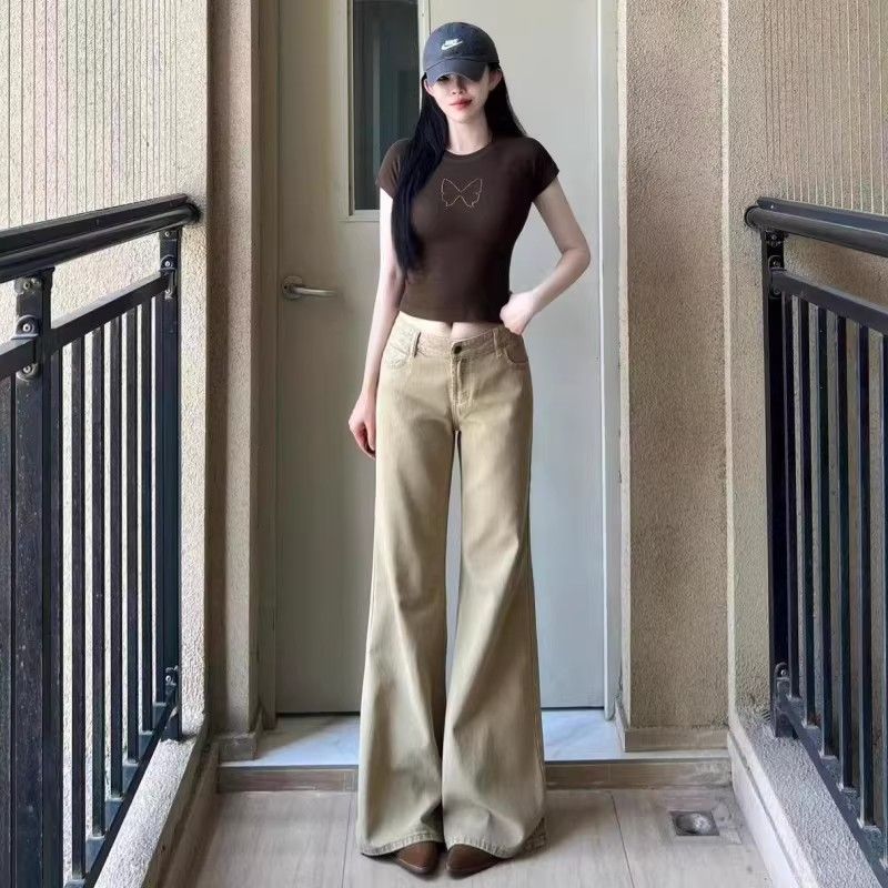 高個子加長卡其色低腰微喇牛仔褲女2026夏季顯瘦不貼腿喇叭拖地褲
