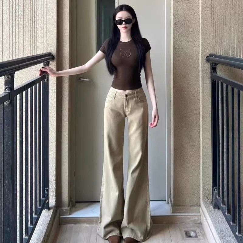 高個子加長卡其色低腰微喇牛仔褲女2026夏季顯瘦不貼腿喇叭拖地褲