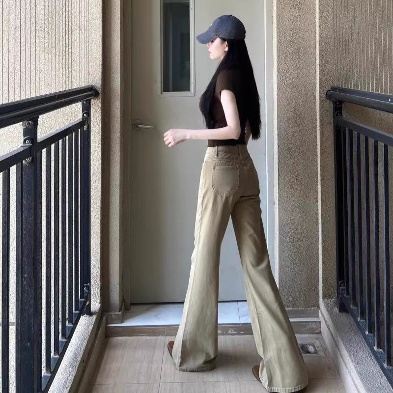 高個子加長卡其色低腰微喇牛仔褲女2026夏季顯瘦不貼腿喇叭拖地褲