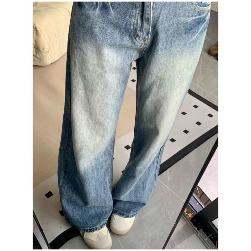 韓版復古設計折痕高腰微喇牛仔褲女2026新款寬松復古闊腿拖地長褲