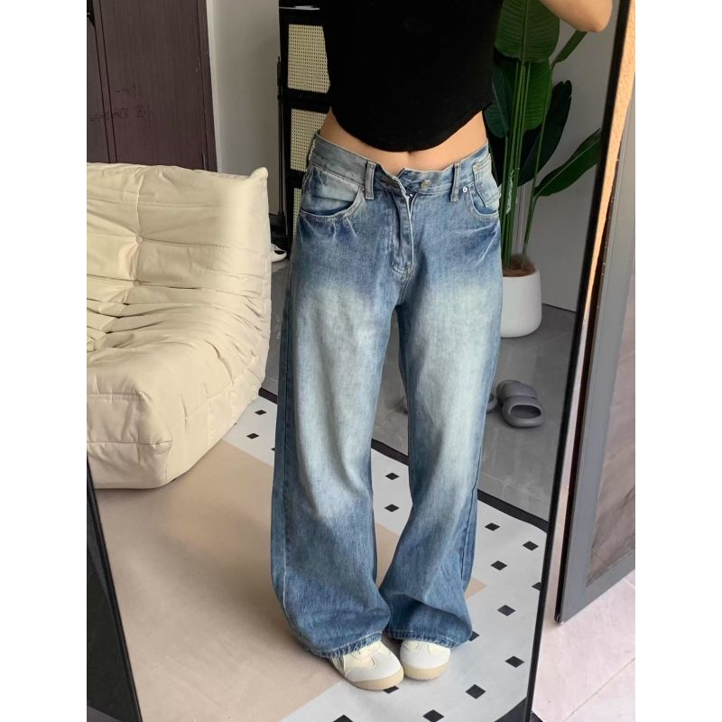 韓版復古設計折痕高腰微喇牛仔褲女2026新款寬松復古闊腿拖地長褲