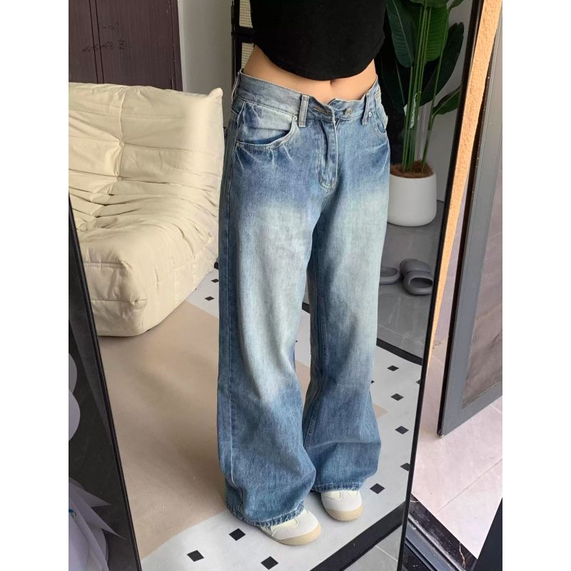 韓版復古設計折痕高腰微喇牛仔褲女2026新款寬松復古闊腿拖地長褲