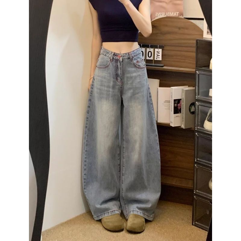 復古慵懶風高街刺繡牛仔褲女2026爆新款顯瘦窄版闊腿長褲子
