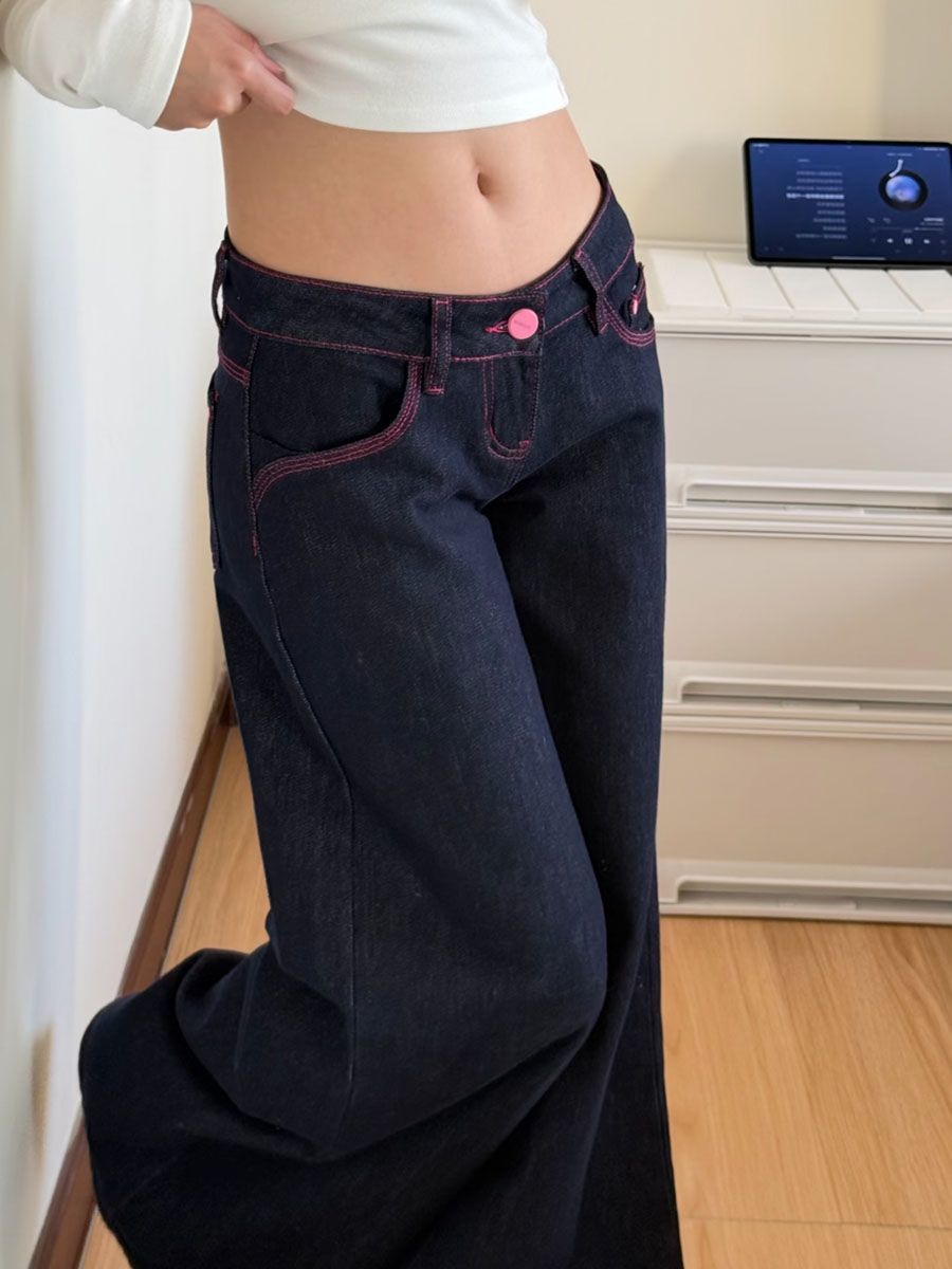 韓版復古低腰粉色明線牛仔褲女夏季韓版寬松顯瘦深藍色闊腿拖地褲