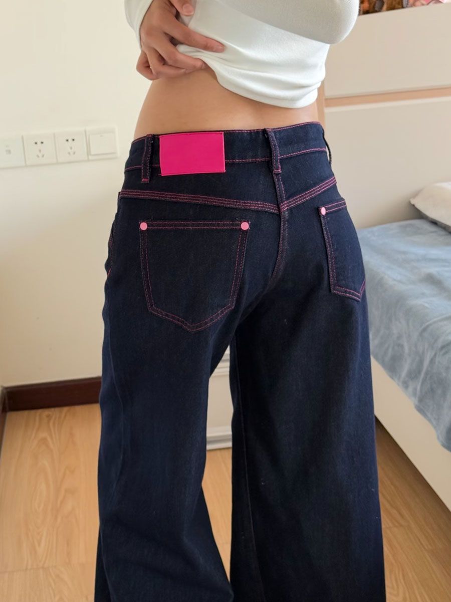 韓版復古低腰粉色明線牛仔褲女夏季韓版寬松顯瘦深藍色闊腿拖地褲