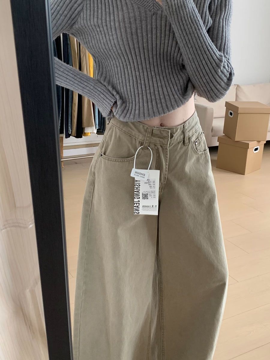復古廓形卡其色闊腿牛仔褲女高腰寬松百搭設計感拖地長褲子潮