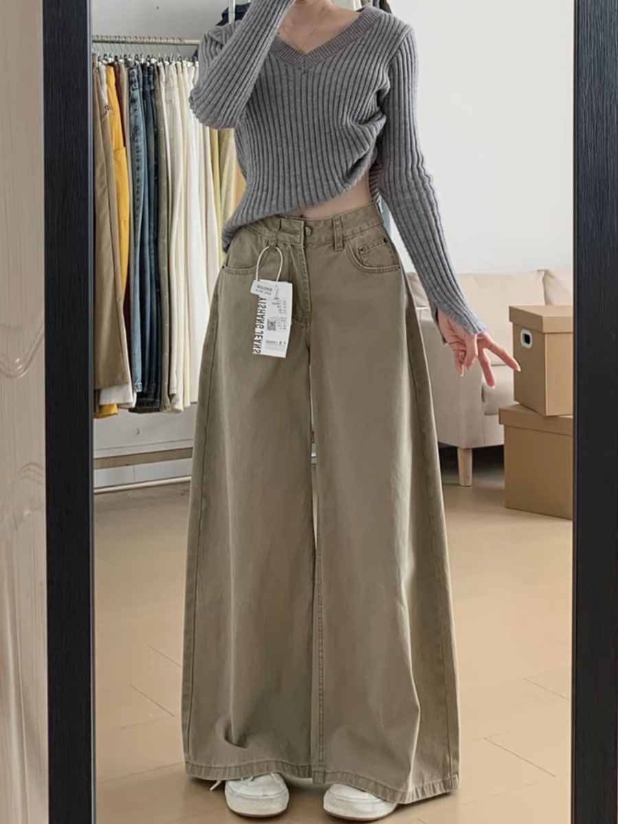 復古廓形卡其色闊腿牛仔褲女高腰寬松百搭設計感拖地長褲子潮