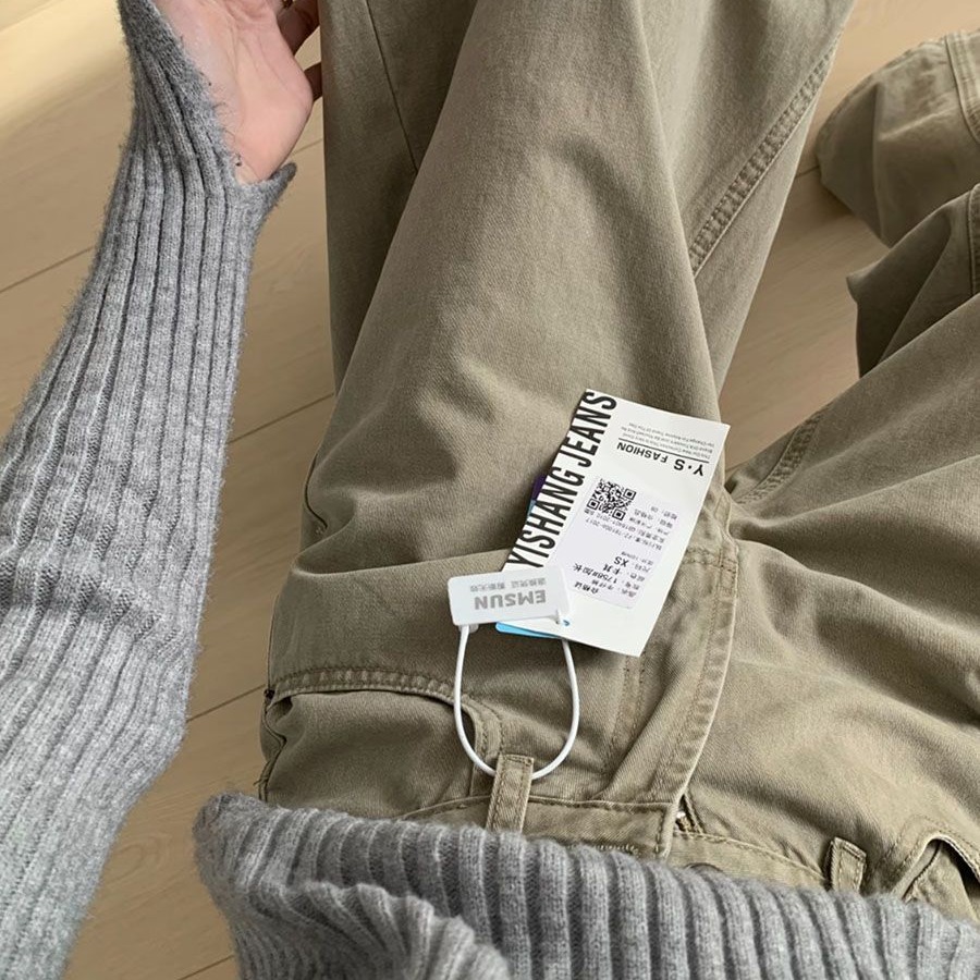 復古廓形卡其色闊腿牛仔褲女高腰寬松百搭設計感拖地長褲子潮