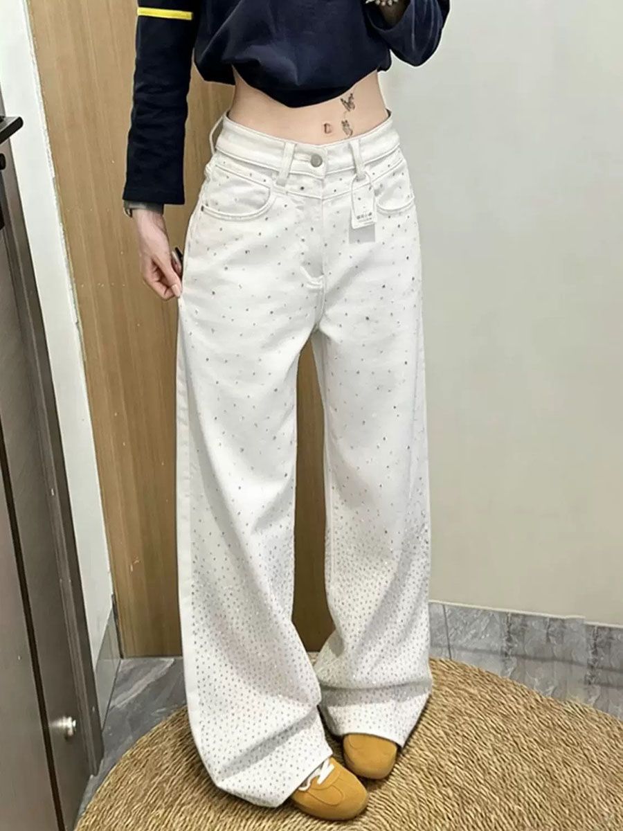 韓式白色滿天星亮閃閃重工燙鉆牛仔褲女夏季新款寬松闊腿彎刀褲子