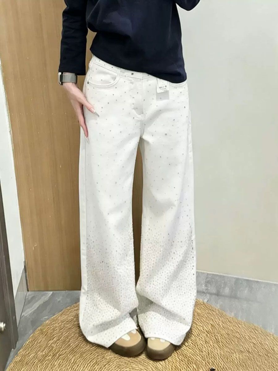 韓式白色滿天星亮閃閃重工燙鉆牛仔褲女夏季新款寬松闊腿彎刀褲子