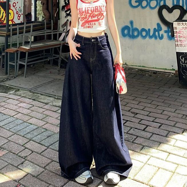 深藍色美式闊腿牛仔褲高腰新款夏季顯瘦復古直筒寬松垂感拖地褲子