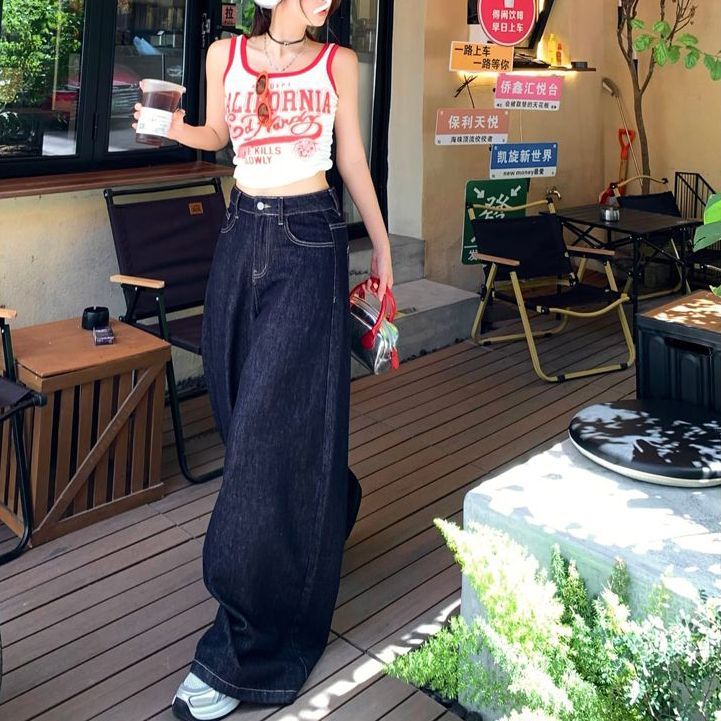 深藍色美式闊腿牛仔褲高腰新款夏季顯瘦復古直筒寬松垂感拖地褲子