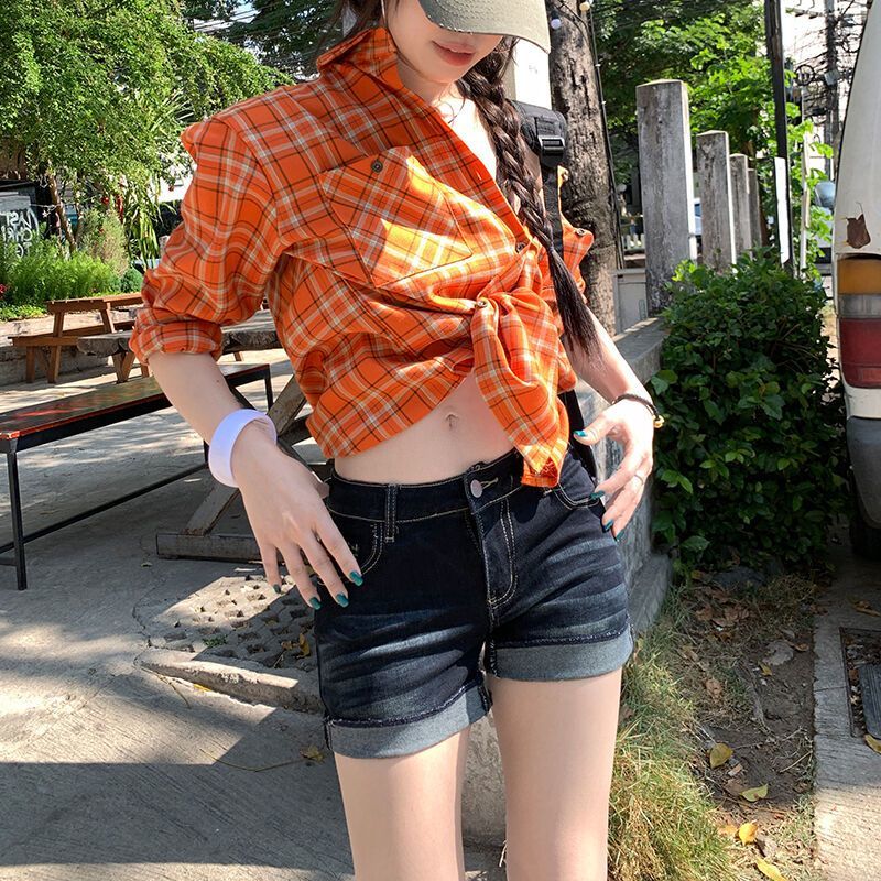夏季新款深藍色翻邊高腰牛仔超短褲女辣妹百搭修身顯瘦包臀熱褲潮