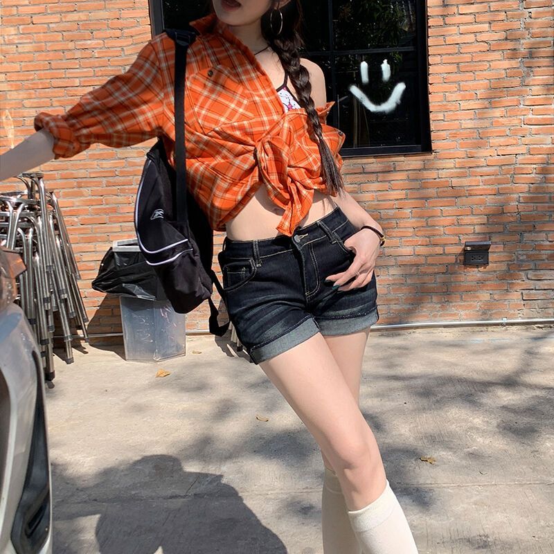 夏季新款深藍色翻邊高腰牛仔超短褲女辣妹百搭修身顯瘦包臀熱褲潮