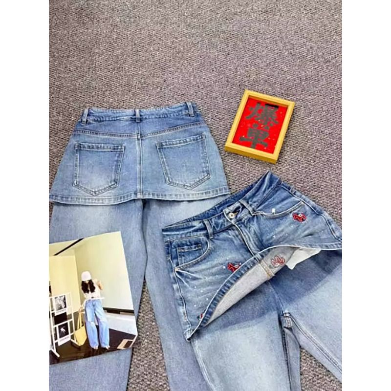 假兩件闊腿牛仔裙褲女夏季重工小馬刺繡燙鉆高腰百搭做舊拖地長褲