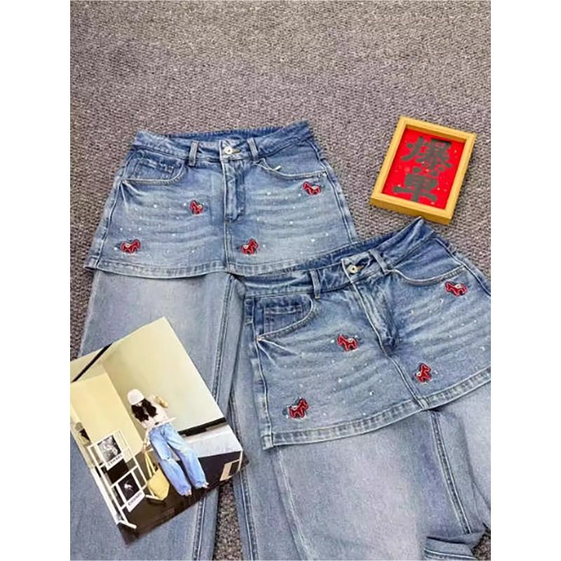 假兩件闊腿牛仔裙褲女夏季重工小馬刺繡燙鉆高腰百搭做舊拖地長褲