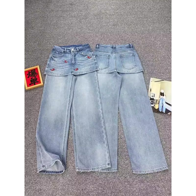 假兩件闊腿牛仔裙褲女夏季重工小馬刺繡燙鉆高腰百搭做舊拖地長褲