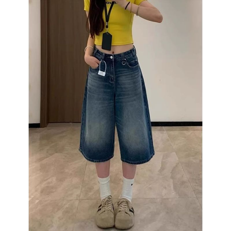 復古高街闊腿牛仔褲女夏季新款小個子腰寬松顯瘦七分直筒中褲